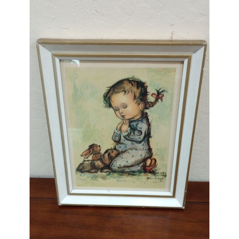 Praying Girl With Bunnies Framed Print - Vintage 60s!